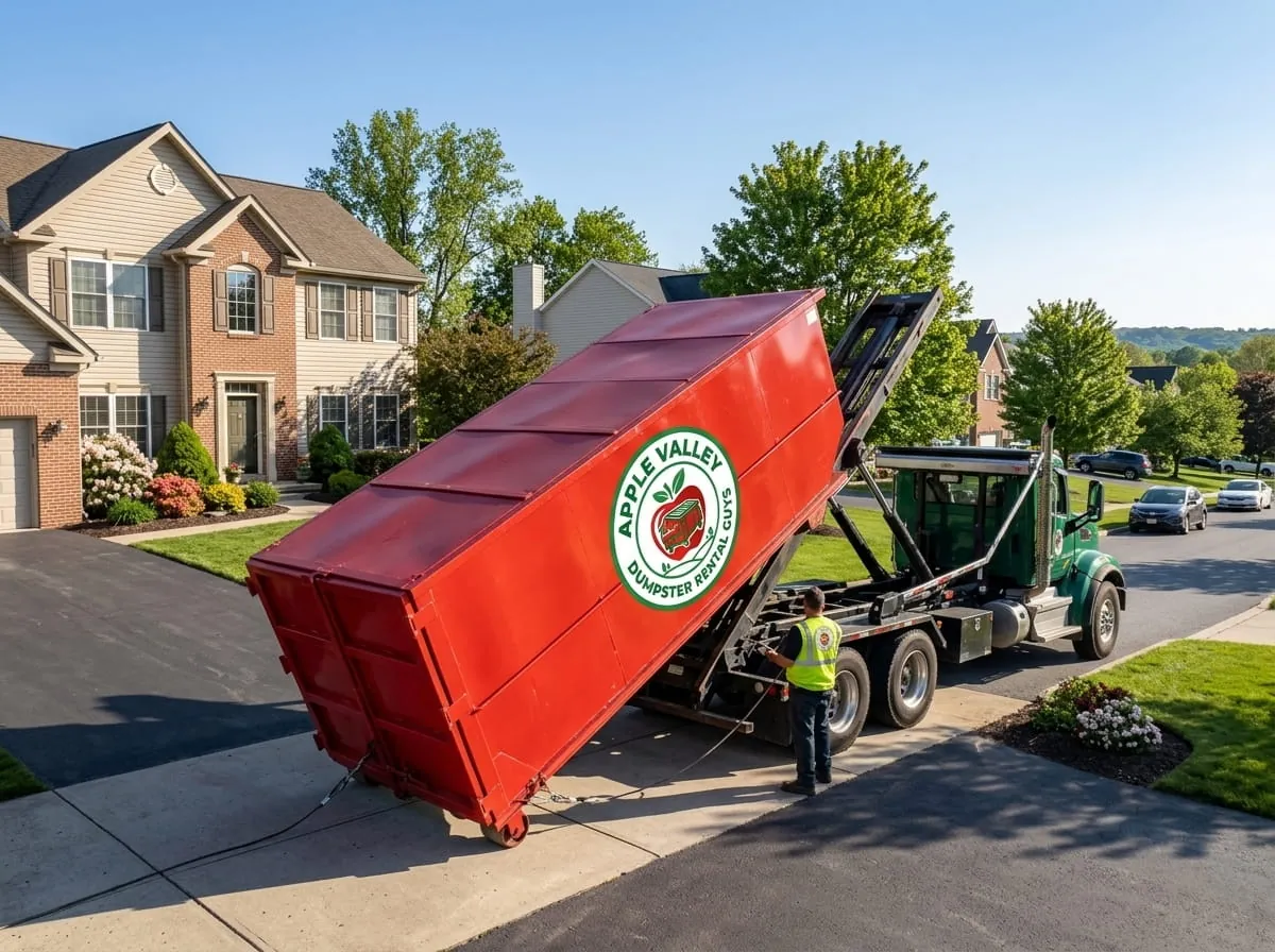 Roll-off dumpster placed on a driveway in Apple Valley, Minnesota